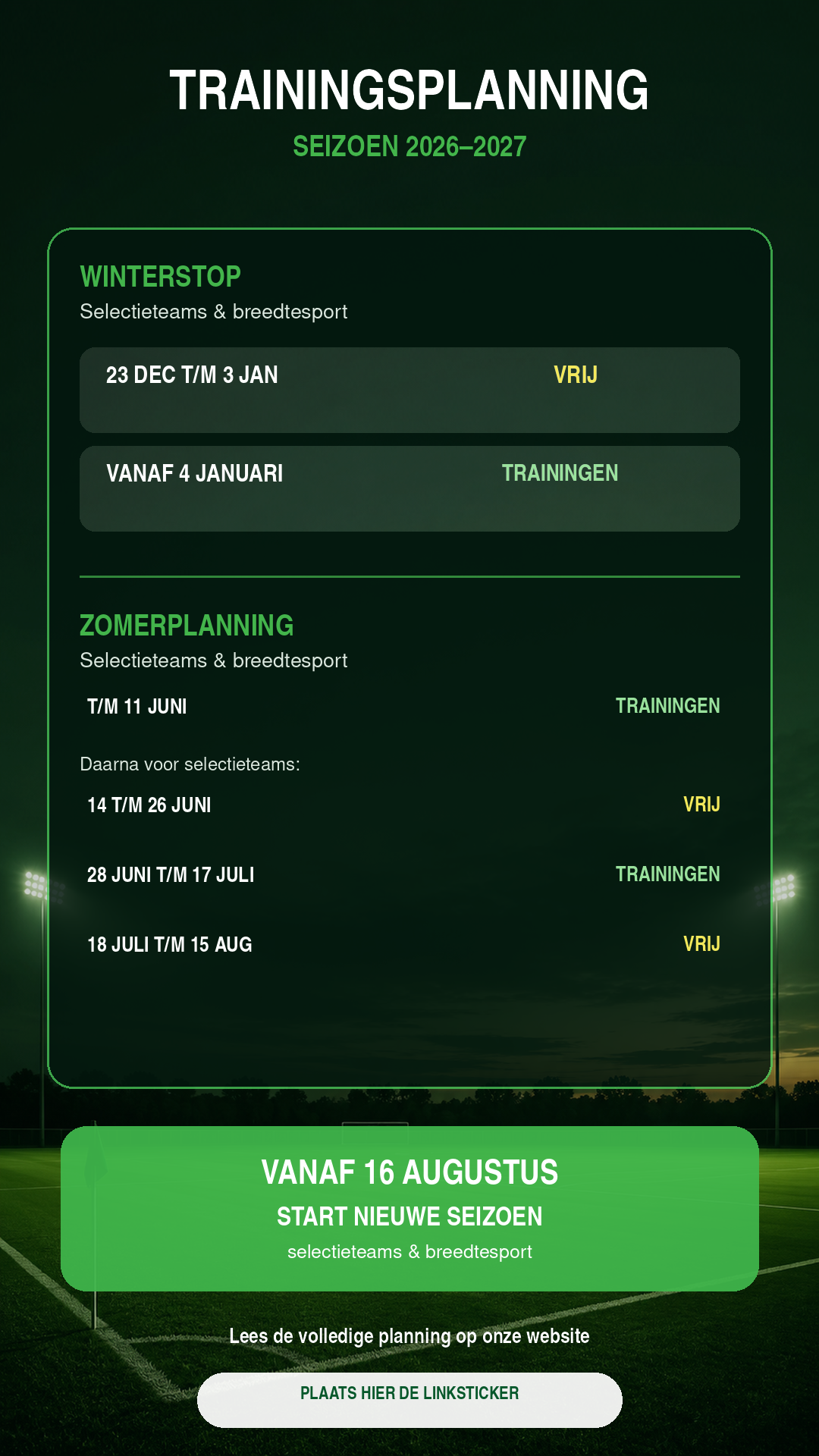 Trainingsplanning winterstop en zomervakantie 2026-2027